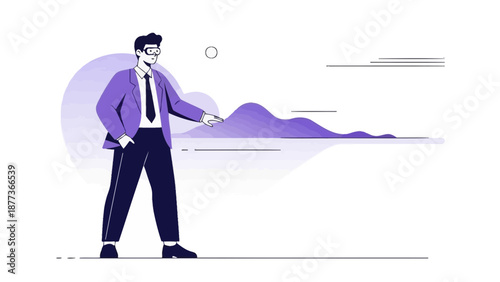 Man in VR headset pointing at digital graph, business presentation concept