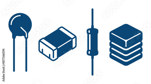 Electronics components including capacitor, resistor and inductor in blue vector design for industrial applications.