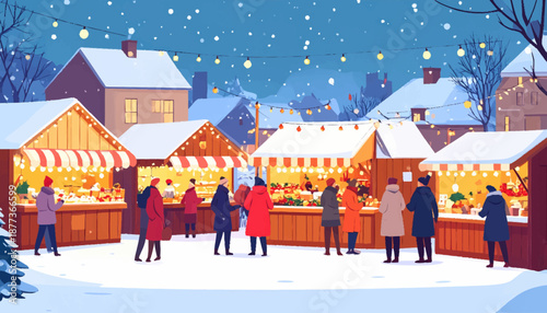 Enchanting winter market scene under a snowy night sky, vibrant stalls illuminated by warm string lights, bustling with happy people enjoying the festive holiday atmosphere