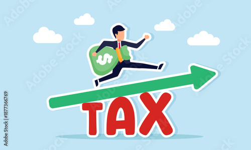 Businessman carrying a sack of money running on a rising arrow above tax text illustration of linear impact where higher profit leads to higher tax payments