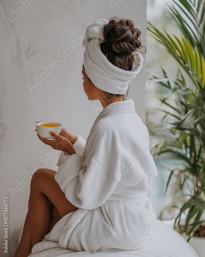 Woman with towel wrap and bathrobe holding teacup, home relaxation healing life scene

