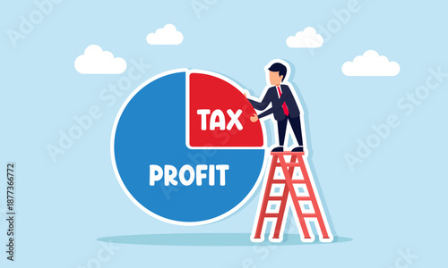 Businessman climbing stairs to take a tax slice from a large profit pie chart illustration of paying taxes from a portion of corporate profit