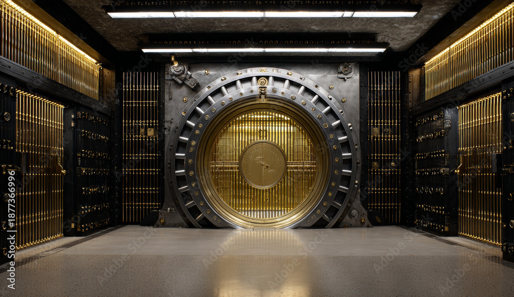 custom made wallpaper toronto digitalHuge vault door with a golden circular design featuring intricate patterns and metallic texture, set in a secure bank vault environment