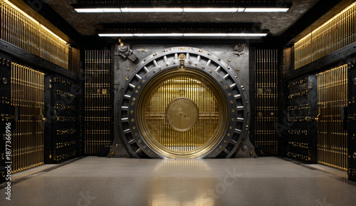 Wallpaper Mural Huge vault door with a golden circular design featuring intricate patterns and metallic texture, set in a secure bank vault environment Torontodigital.ca