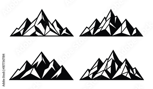 Four different mountain peaks silhouette vector illustrations, great for outdoor or adventure themed designs.