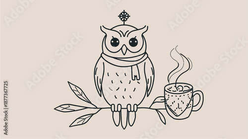 Line art illustration of a cute owl wearing a scarf, perched on a branch next to a steaming mug of hot beverage, on a light background.