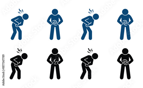 Icons depict stick figures with hand on stomach, and headache in blue and black, representing sickness and discomfort.