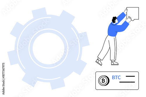 Cryptocurrency concept. Cryptocurrency visuals with Bitcoin symbol and abstract gear for blockchain, finance, and tech . Cryptocurrency integrated with finance systems. For fintech, blockchain