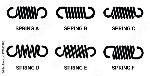 Illustration features six different coil springs labeled A, B, C, D, E, and F in black and white on a white background.