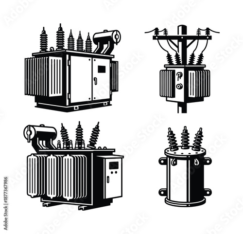 Illustration of a black and white power transformer set, including distribution and pole mounted transformers.