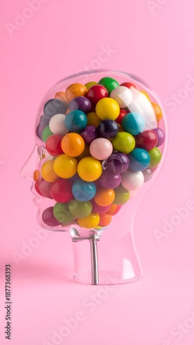 A glass jar brimming with colorful candies sits centrally on a silver stand against a vibrant pink backdrop, viewed from above