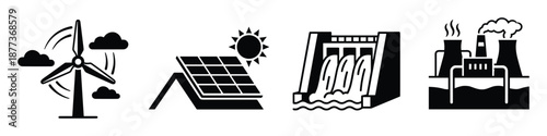 Illustrations of renewable and nonrenewable energy. Wind turbine, solar panel, dam, and thermal power plant.