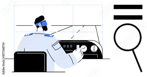 Pilot interacts with cockpit control panel displaying navigation tools. Magnifying glass and lines suggest focus, analysis, and precision. Ideal for aviation, navigation, technology, research