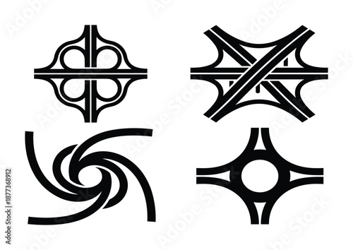 Illustrations showing four highway interchange types: cloverleaf, stack, turbine, and roundabout designs.