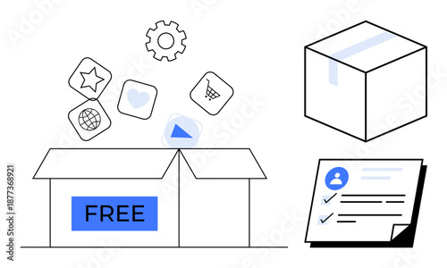 Open box labeled FREE releasing apps, settings icons, next to a closed box and completed checklist. Ideal for e-commerce, shipping, customer service, digital tools, packaging, promotions simplicity