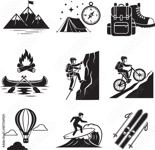 Black and white of outdoor adventure activities camping