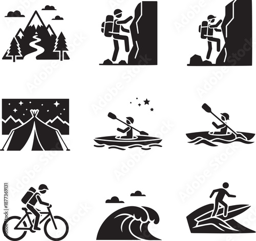 Black and white of outdoor adventure activities hiking