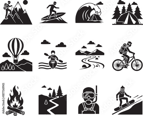 Black and white outdoor adventure hiking surfing camping