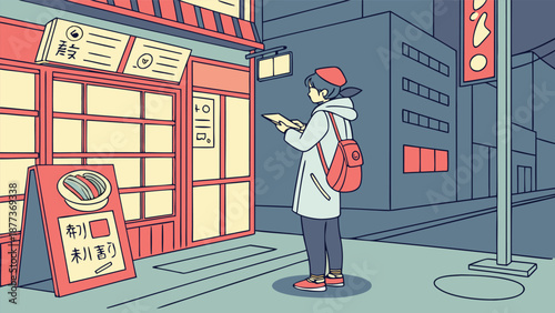 Evening Eatery: In the twilight, a woman studies the menu board of an eatery, poised on a vibrant urban street corner, illuminated by the city's electric lights, capturing the moment of anticipation.