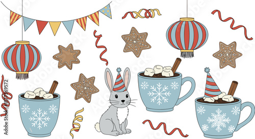 Cute winter party illustration, bunny with hot chocolate, gingerbread cookies, festive lanterns, colorful bunting, cozy christmas celebration, hand drawn cartoon vector design