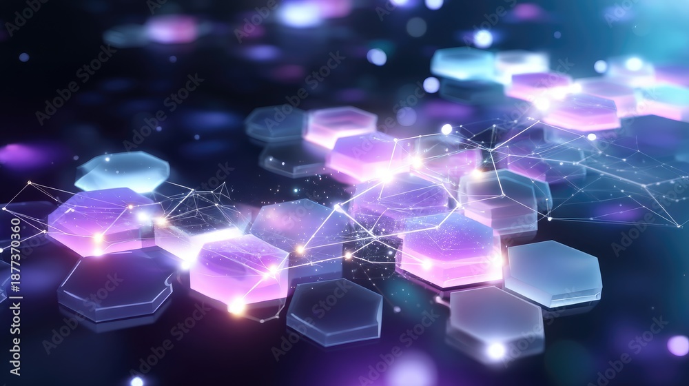 Obraz premium Abstract representation of interconnected hexagonal shapes with glowing effects and vibrant colors in a digital space