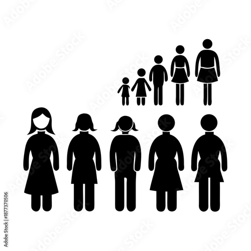 Human life stages from baby to elderly woman illustrated in cute cartoon style, representing growth, aging, family, childhood, adulthood, and old age development
