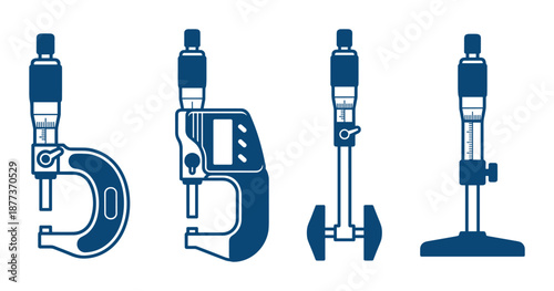 Set of blue line art micrometer caliper measurement tools, including outside, depth, and inside micrometers.