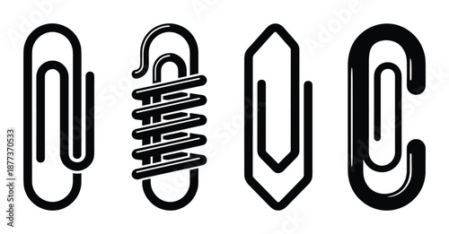 Set of creative paper clip designs. Different metal paper clips for office and document fastening.