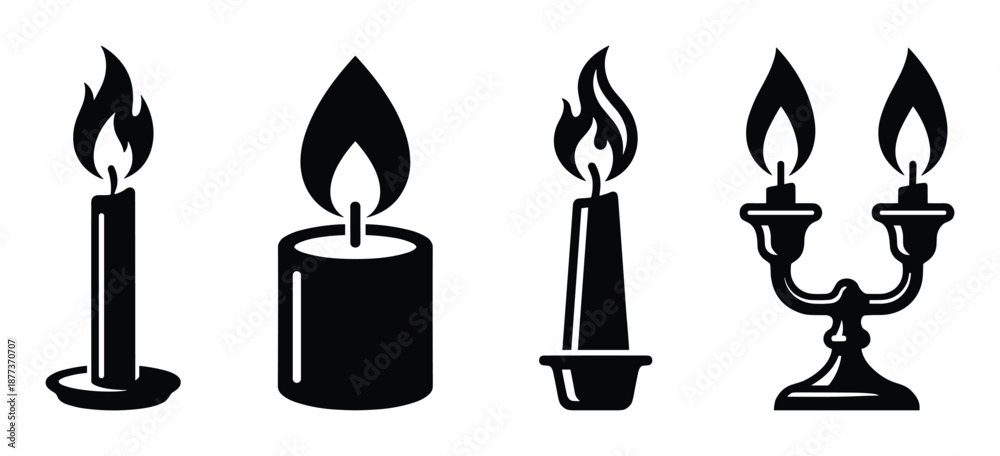 Fototapeta premium Set of flame vector icons. Black candles design, candelabra with flames. Lighting illustrations.