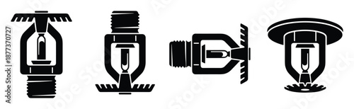Set of four black and white vector icons of different fire sprinkler head designs in flat style.