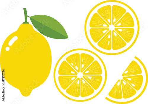 Fresh yellow lemon with slices and leaf illustration, citrus fruit vector design for healthy food, juice, vitamin C, and natural nutrition
