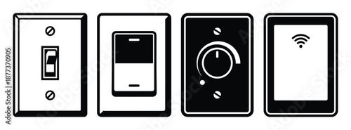 Set of four different black and white wall switches illustration. Dimmer, toggle, smart home, wifi panel.