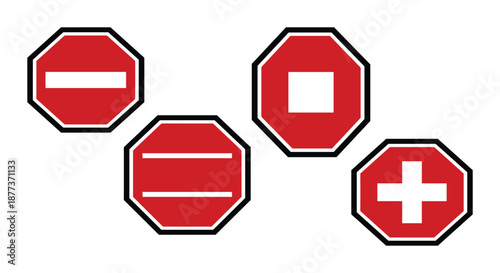 Set of four red octagon signs with different white shapes: No Entry, square, horizontal lines, and a cross symbol.