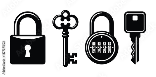 Set of padlocks and keys. Includes a keyed lock, a combination lock, a skeleton key and a modern key in black and white.