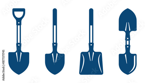 Set of vector illustration with various designs of blue shovels with handles for digging or gardening, isolated on white.