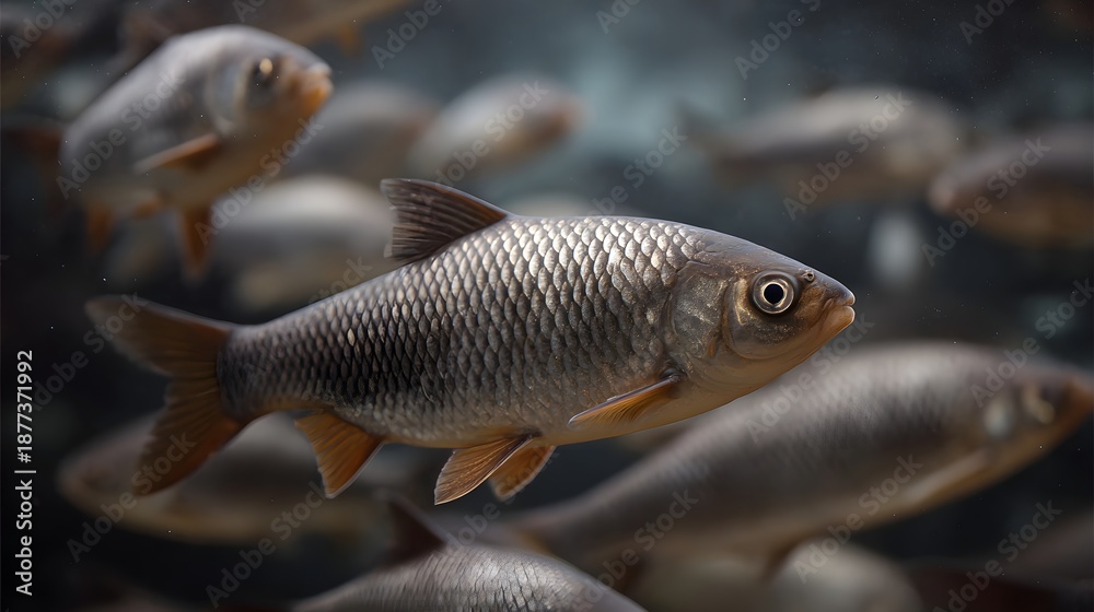 Fototapeta premium A school of fish with shimmering silver scales swims in a murky underwater environment