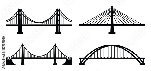 Silhouette vector illustration of four unique bridge styles. Modern bridge engineering structures for construction.