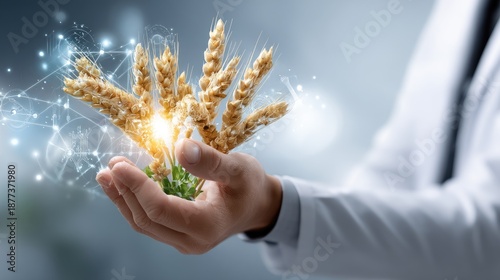 Hand Holding Wheat Sheaves with Digital Connections Representing Agricultural Innovation and Technology Transformation