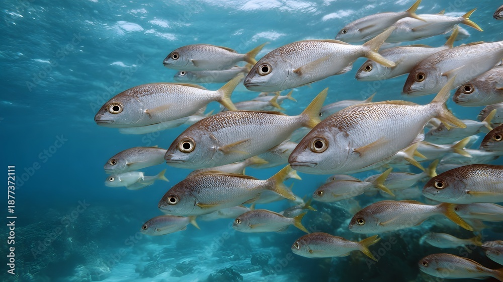 Obraz premium A school of silver fish swims in unison through clear blue ocean water near a coral reef