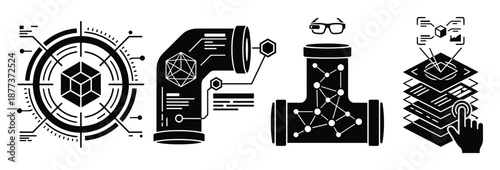 Technology icons set in black and white style, including cube target, pipe, glasses, data layers and hand gesture