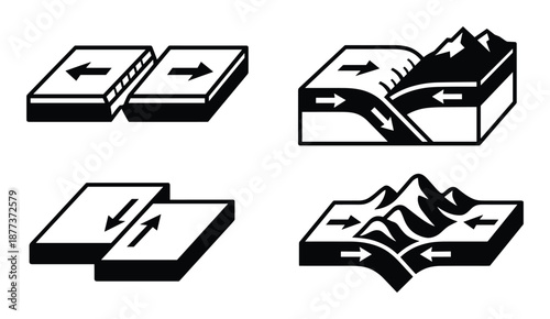 Tectonic plates diagrams showing transform, convergent, and divergent boundaries. Plate motion and geological forces.