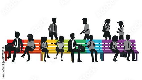 A diverse group of people, including adults and children, sitting and standing around a long rainbow-colored bench, symbolizing community and inclusion.