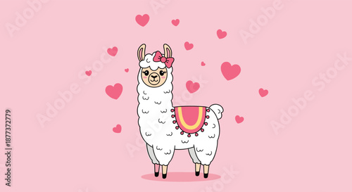 Adorable white llama character with a pink bow and saddle standing on a pink background surrounded by floating cute hearts.