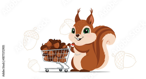 Funny cartoon squirrel with bright green eyes happily pushing a miniature shopping cart filled to the brim with tasty brown acorns.