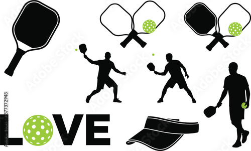 Pickleball silhouette vector set, paddle and ball icons, player action poses, black and green sports design, recreational graphic bundle, visor element
