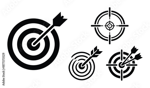 Various target vector illustrations. Arrows hit bullseye, sniper scope, archery goals concept.