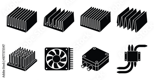 Various types of computer heat sinks and cooling systems. CPU cooling components vector illustration.