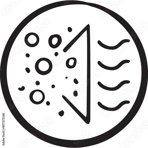 scattered particles on one side, a filter barrier in the middle, and clean airflow waves on the other. Minimalist black line icon for air purifier UIs, HVAC labels, environmental apps.