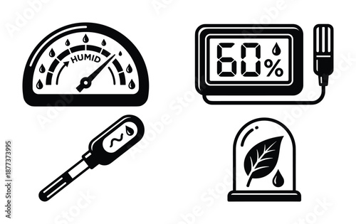 Vector illustration featuring humidity measurement tools: analog, digital and hygrometer instruments.