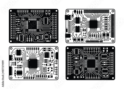 Vector illustration of four different black and white electronic circuit boards designs, detailed, technology.